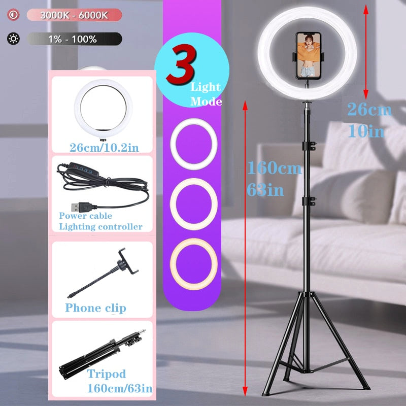 10&quot; LED Selfie Ring Light  Circle Fill Light Dimmable Round Lamp Tripod Trepied Makeup Photography RingLight Phone Stand Holder