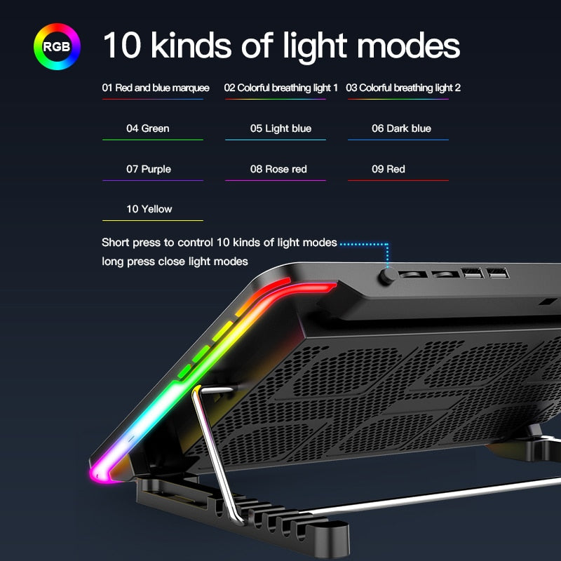 Coolcold RGB Light Base Cooler Notebook Six LED Fan 10-15.6 Inch Gaming Laptop Cooler Cooling Pad With Phone Holder