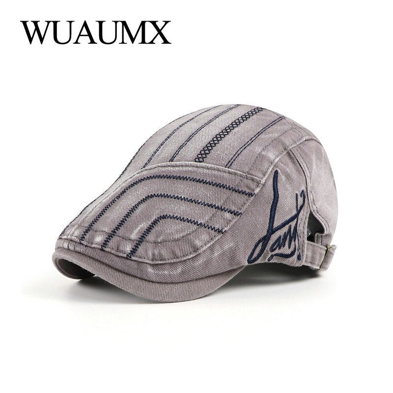 WUAUMX NEW Spring Men's Beret Hats Striped Flat Peaked Cap Women Washed Denim Herringbone Cap Visors Adjustable gorras hombre