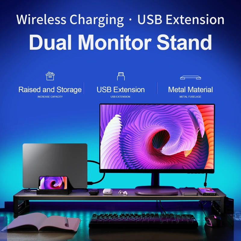 Dual Monitor Stand Holder Metal Riser with Wireless Charging USB Hub Ports Support Transfer Data,Keyboard and Mouse Storage Desk