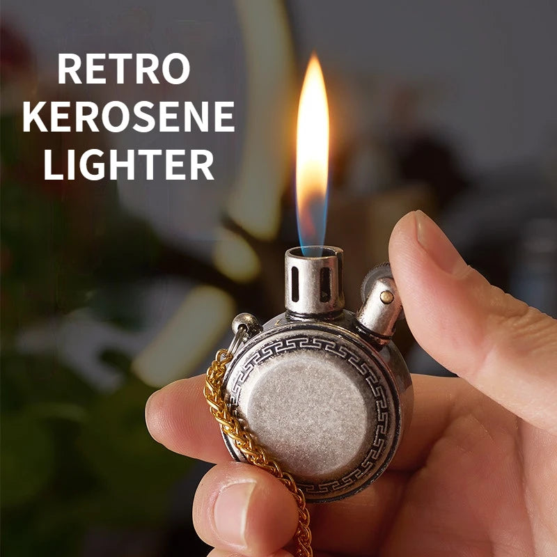 Retro Pocket Watch Kerosene Lighter Mini Portable Gasoline Lighters Classic Vintage Oil  Round Metal Unusual  Men's Gift
