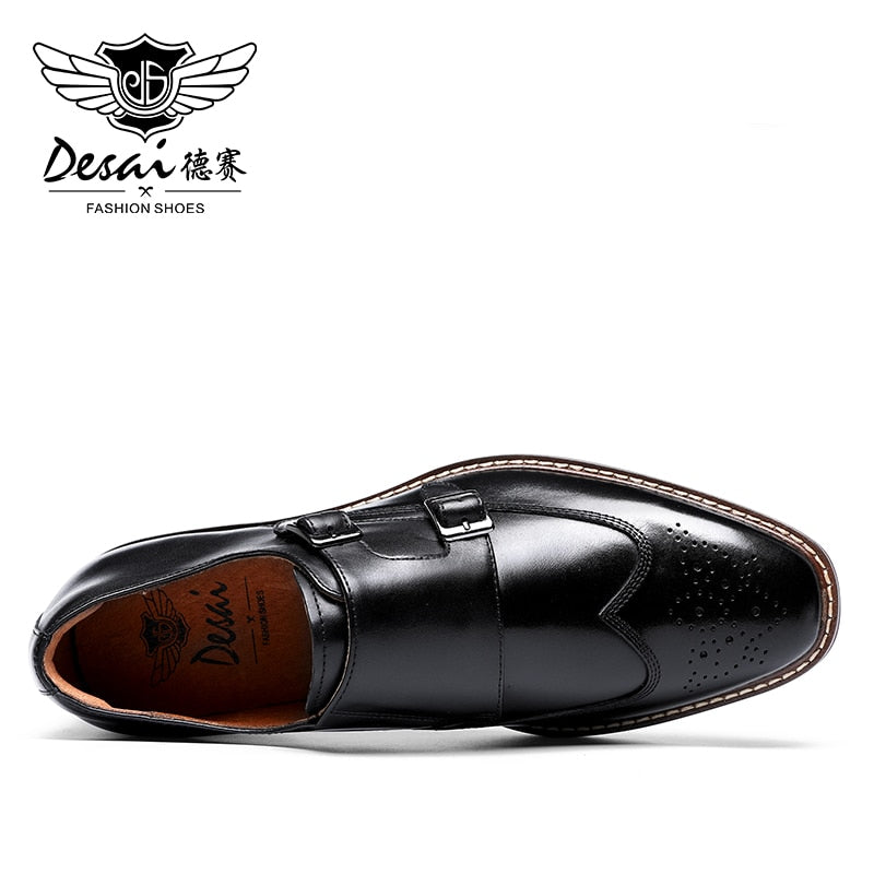 DESAI Monk Strap Slip on Genuine Leather Business Handmade Dress Brogue Shoes for Men with Buckle 2021