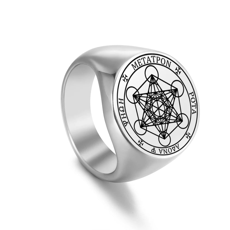 Dawapara Metatron Cube Ring for Men Women Stainless Steel Angel Seal Archangel Metatron Sacred Geometry Ring Protection Amulet