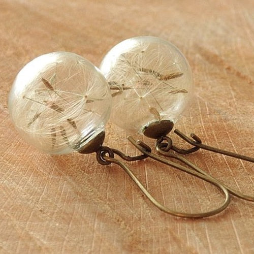 2pairs16MM Glass Globe Dandelion Seed Earrings Eco Earring Botanical Jewelry Nature Real Dried Flowers Dangle Earrings For Women