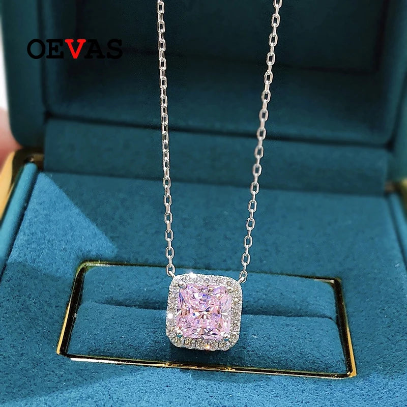 OEVAS 100% 925 Sterling Silver 7*7mm Pink Yellow High Carbon Diamond Pendant Necklace For Women Sparkling Wedding Fine Jewelry