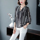 Women's Spring Summer Style Chiffon Blouses Blouses Shirt Women's Striped V-neck Three Quarter Sleeve Casual Loose Tops SP015