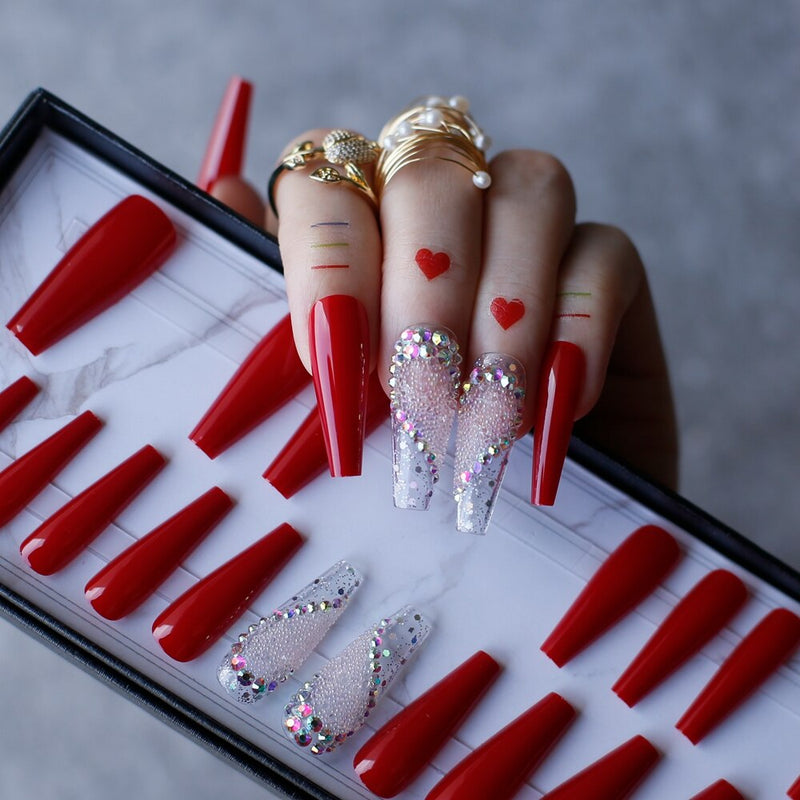 Valentine nails Luxury Coffin Love nails Red Acrylic False nails Logo customization Pink caviar AB Glitter transparent nail gel