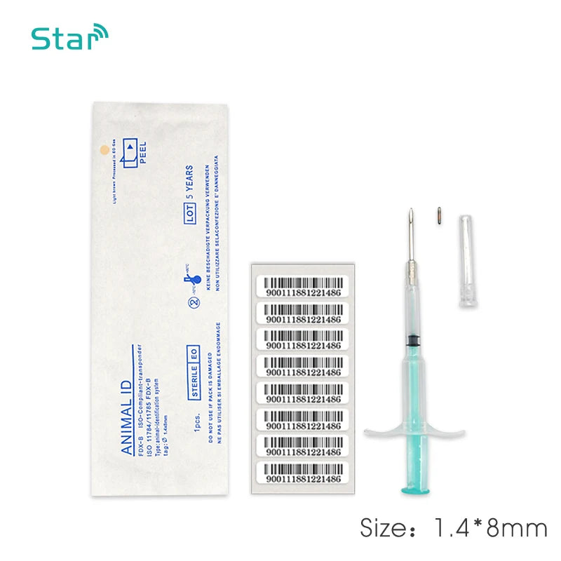 (20pcs) 1.4*8mm 134.2khz Pet Microchips Disposable Animal chip Fdx-b pig Syringe Pet ID injector syringe needle for dog cat cow