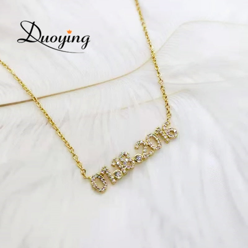 Duoying Personalized Number Necklace Name Necklace Nameplate Chain for Women Stone Chain 6mm Pendant Letters  Zirconia Necklaces