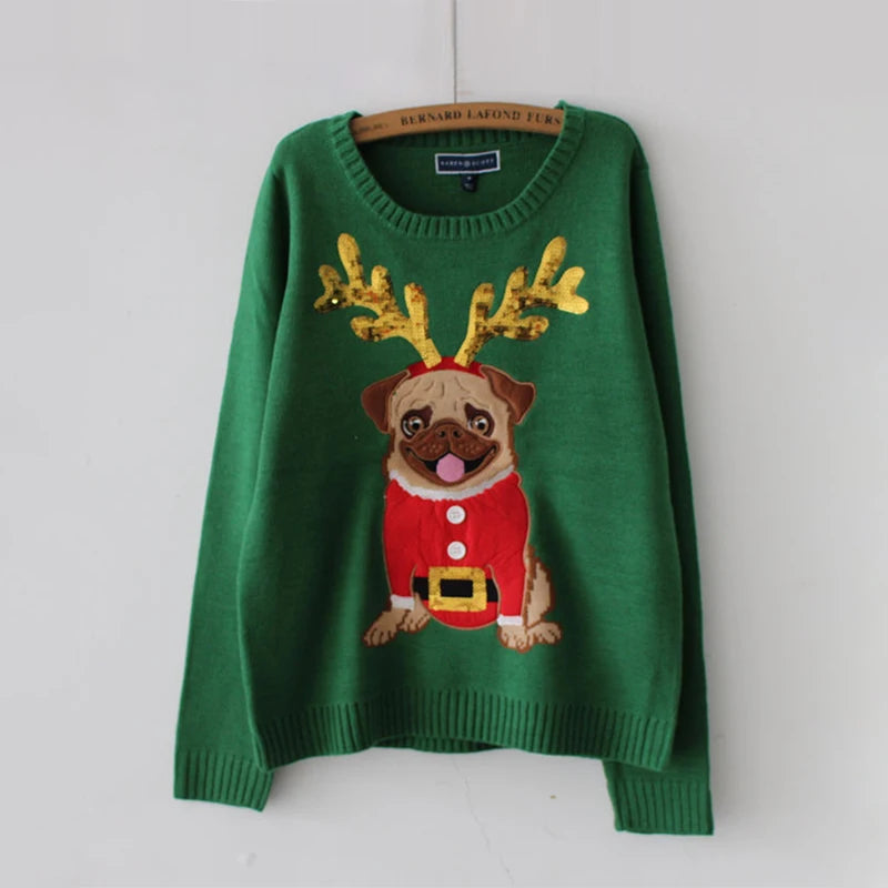 Women Ugly Christmas Sweater Thick Warm Winter Pullovers Loose Pug Dog Embroidery Sequins Full Sleeve Knitted Girl Tops T0N654T