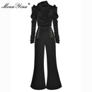 MoaaYina Fashion Designer Set Autumn Women Ruched Long Sleeve Tops+Double breasted bell-bottoms Two-piece set