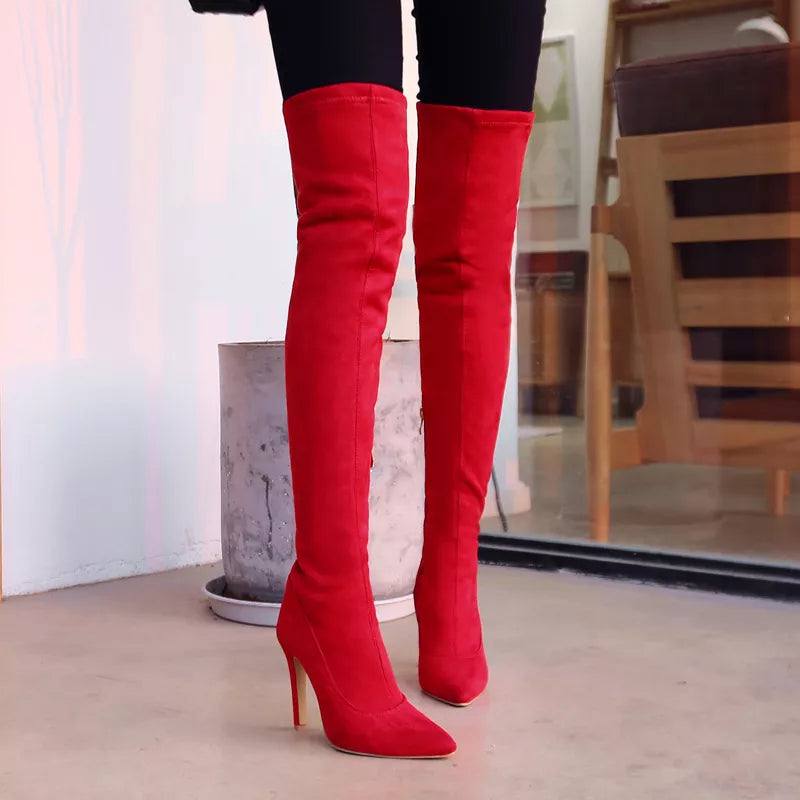 Faux Suede Stretch Thigh High Boots Sexy Elastic Slim Women's Over the Knee Boots Fashion High Heels Black Red Fetish Long Shoes