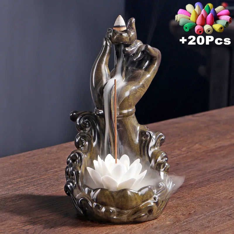 +20Pcs Incense Cones Stand Buddha Hand Lotus Monk Guanyin Blessing Lucky Feng Shui Decoration Waterfall Backflow Incense Burner