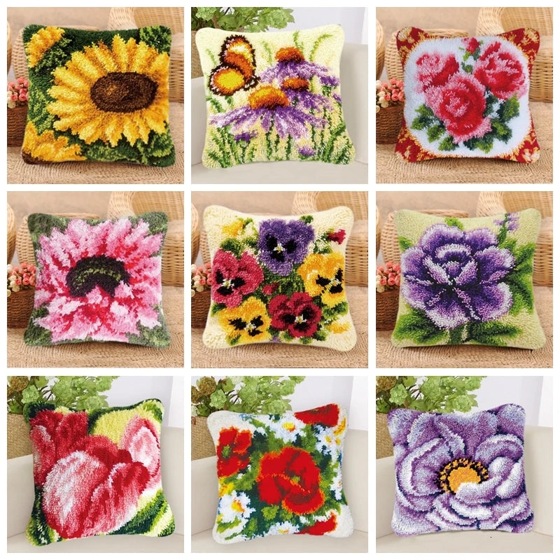 Smyrna Flower Latch Hook Kit Mats Cushion Pillow DIY Crafts Flower Cushion Embroidery Latch Hook Rug Needlework Button Packages