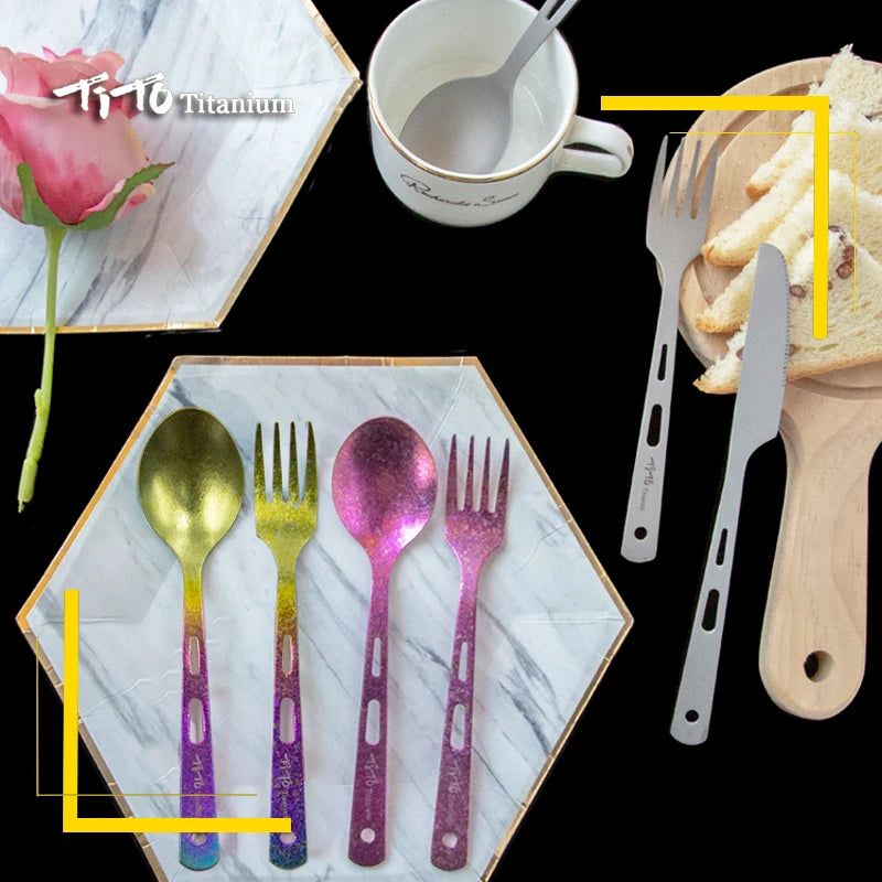 TiTo TiTanium Spork Spoon Tableware Combination Outdoor Camping Titanium Alloy Fork Collection Travel Knife Practical 3Pcs Set