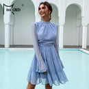 Missord Mock Neck Ruffle Hem Swiss Dot Chiffon Mini Dress Elegant Solid Color Club Party Dresses Women Casual Autumn Long Sleeve