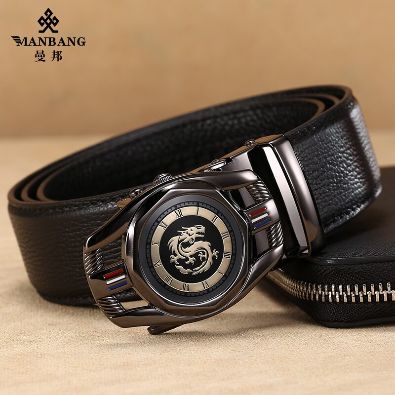 ManBang New Fashion Men Belt Cowskin leather business automatic buckle belt  Cowhide for Jeans Men Design High Quality