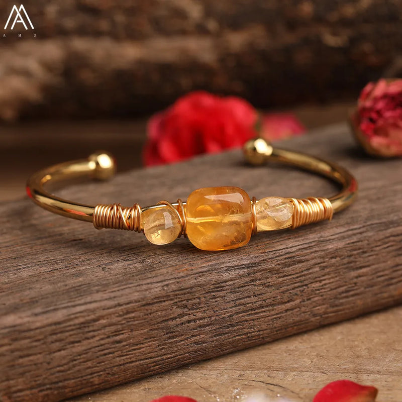 Natural Quartz Stone Beads Gold Bracelets Women Citrines Roses Quartz Chip Beads Open Cuff Bangles Bracelets Friendship Jewelry