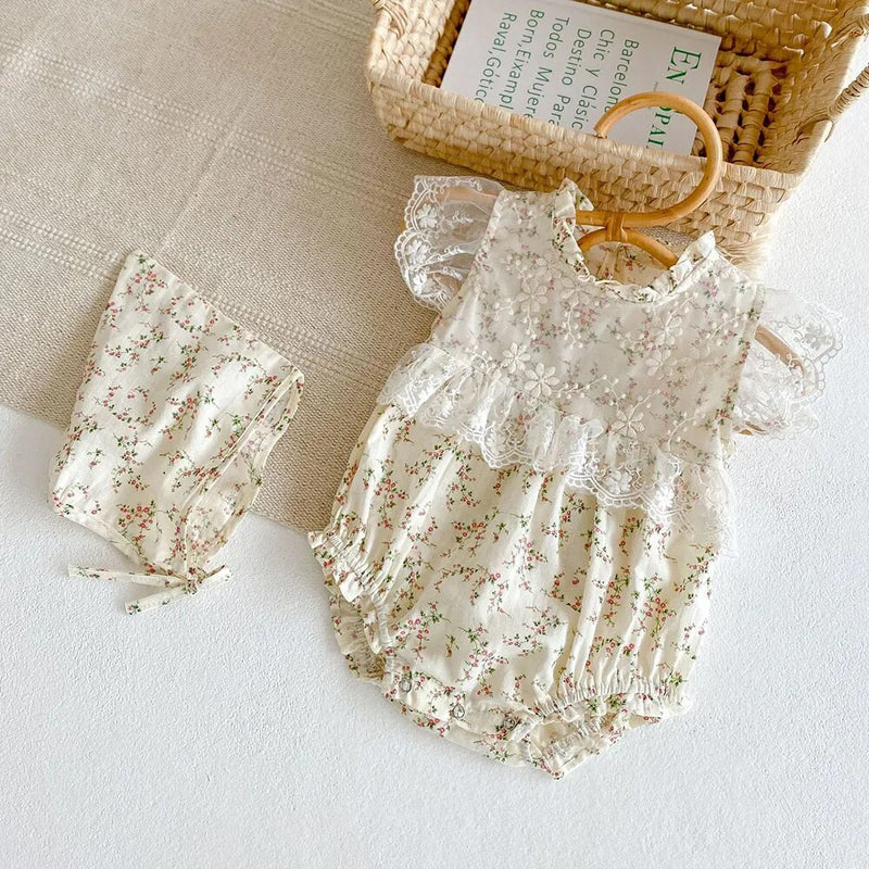 Summer Baby Girls Romper + Lace Hat Floral Organic Cotton Ruffles Infant Rompers Newborn Girl Summer Clothing Baby Party Outfit