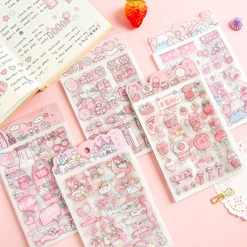 4 Sheets Scrapbook Stickers Set Cute Small Pink Animals Transparent Calendar Diary Book Sticker Scrapbooking Decorative Stickers