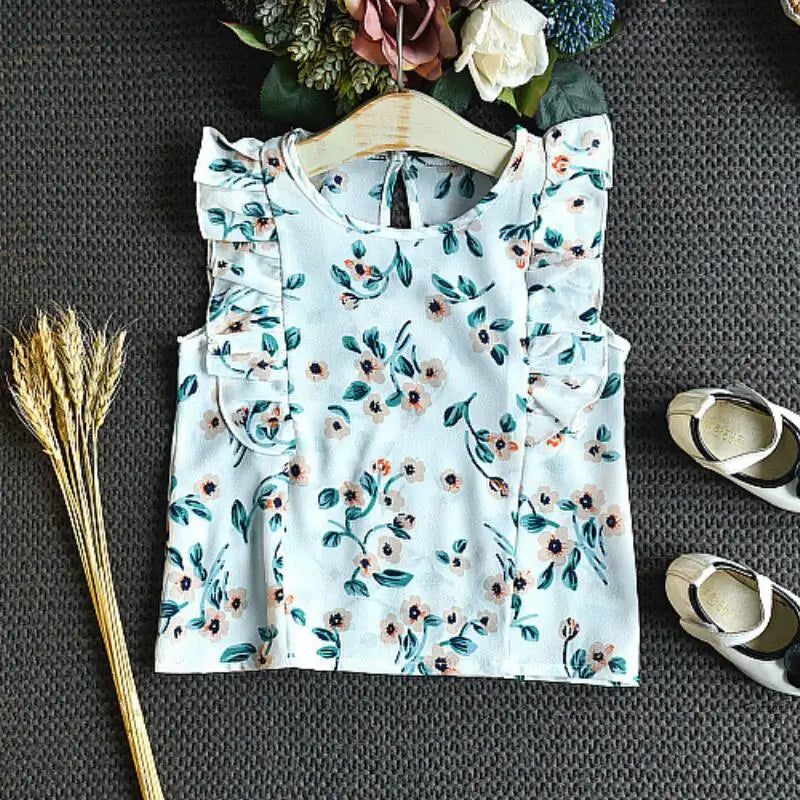 Girls Clothing Ruffle Sleeveless T-shirt+Skirt 2PCS Sets Baby Girls Clothes Chiffon Flower Print Toddler Outfits Children A402