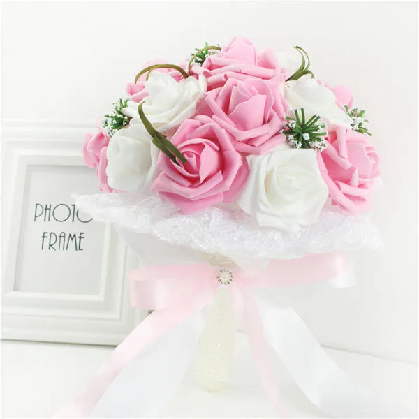 YO CHO Bridal Wedding Bouquet Bridesmaid Artificial PE Rose Flower Fake Pearl Pink Bouquet Wedding Supplies Festival Decorations