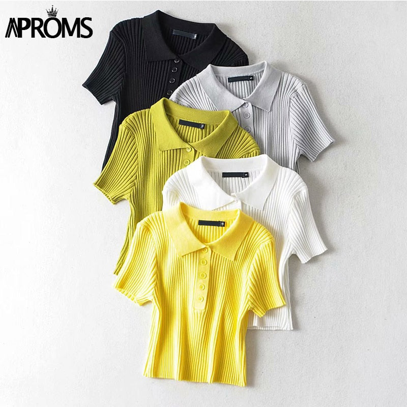 Aproms Vintage High Waist Short Sleeve Basic T-shirt 2021 Streetwear Knitted Tshirt Female White Tee Crop Top for Women Clothing