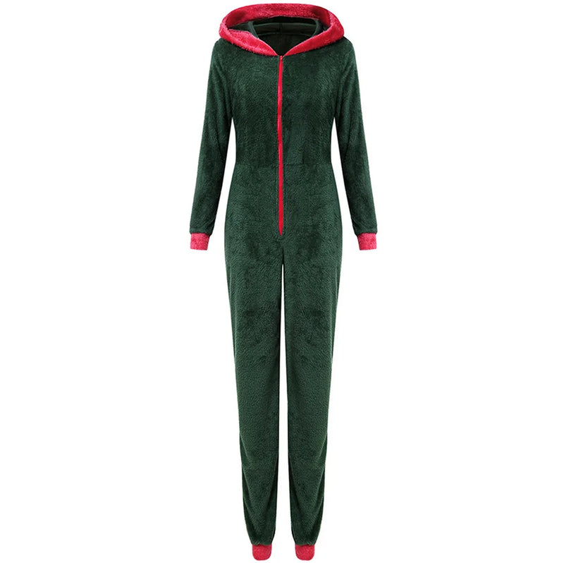 Women Christmas Long Sleeve Hooded Jumpsuits with Zipper Lady Fall Winter Warm Fleece Rompers Festival Holiday Loungewear 2022