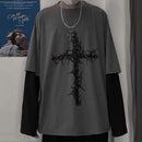 QWEEK Gothic Goth Style T-Shirt 2021 Mall Goth Tops Punk Langarm Oversized T-Shirt Fake Two-Piece Street Fashion Korean Style