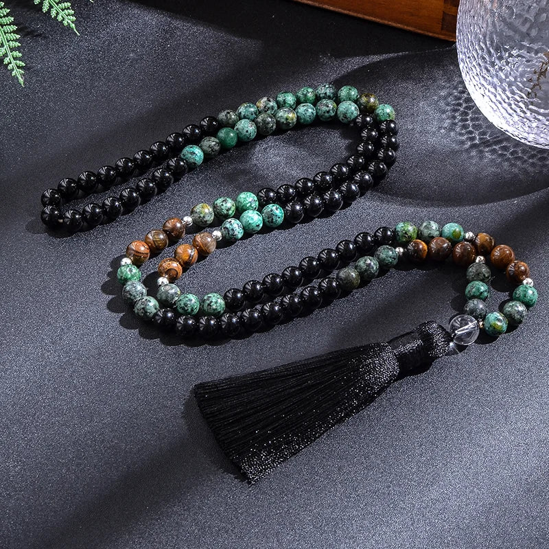 8mm African Turquoise Black Agate Yellow Tiger Eye Beads Japamala Necklace Bracelet Set Meditation Yoga Jewelry 108 Mala Rosary