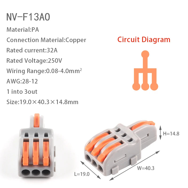 20PCS Quick Cable Splitter Push-in Wire Connector Universal Compact Conductor Wiring Terminal Block For ELECTRICAL Connection