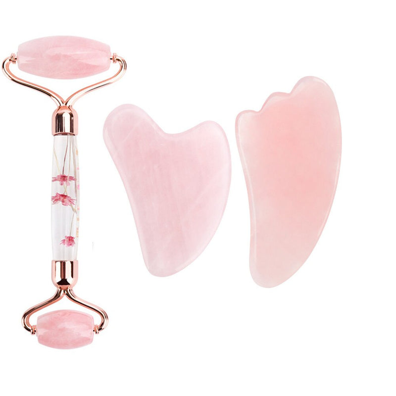 Rose Quartz Jade Roller Flower Pole Roller Face Lifting Massager Facial Manual Massage Heart-shaped Gua Sha Set Anti-wrinkles