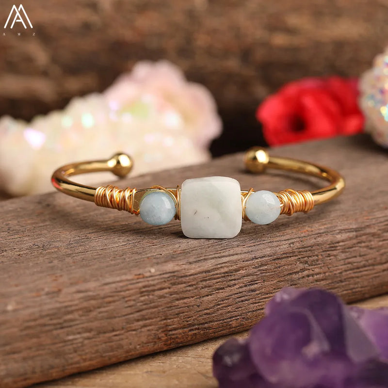 Natural Quartz Stone Beads Gold Bracelets Women Citrines Roses Quartz Chip Beads Open Cuff Bangles Bracelets Friendship Jewelry