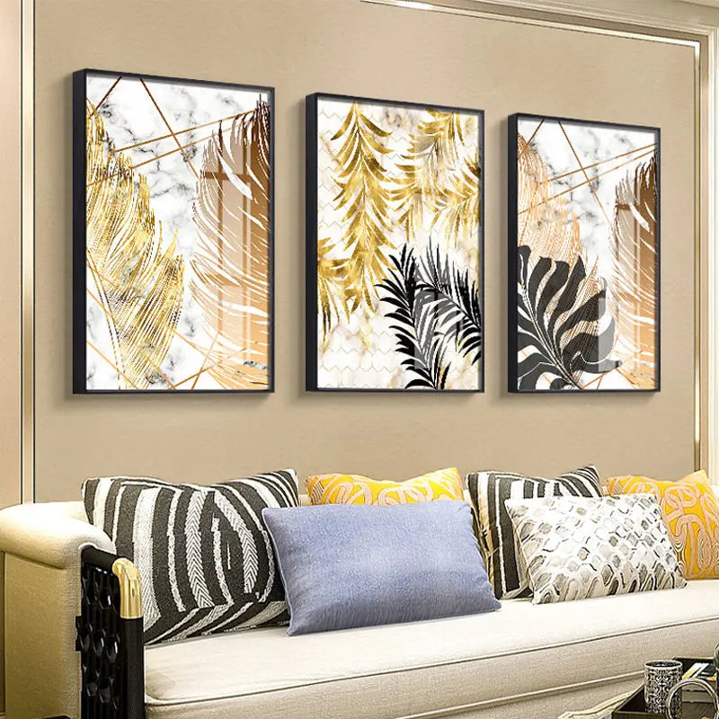 Golden Leaves Plant Picture Home Decor Nordic Canvas Painting Wall Art Marbling Backdrop Art Posters and Prints for Living Room