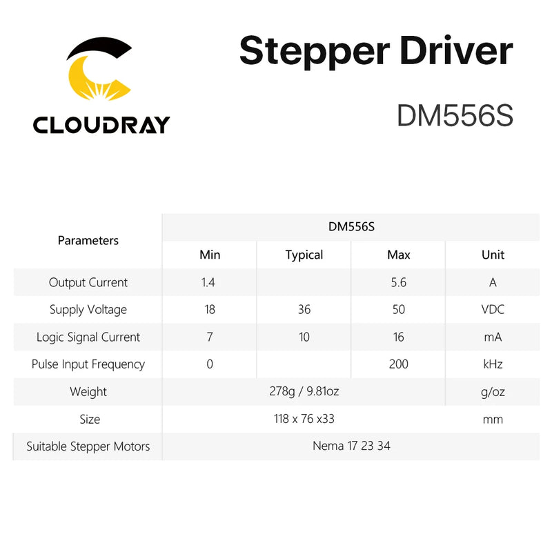 Cloudray Nema 23 Open Loop Stepper Motor Kit 2 Phase 3N.m 5.0A 23CS30C-500+DM556S for 3D printer CNC Engraving Milling Machine