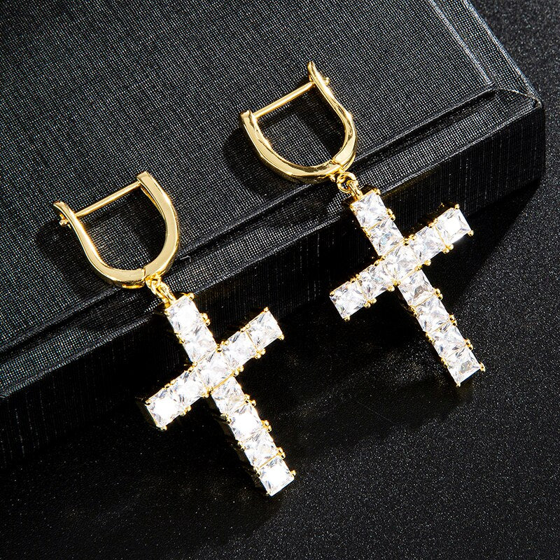 Hip Hop 1Pair Micro Paved Cross Full Bling Iced Out Earring Cubic Zircon Charm Stud Earrings For Men Hip Hop Jewelry