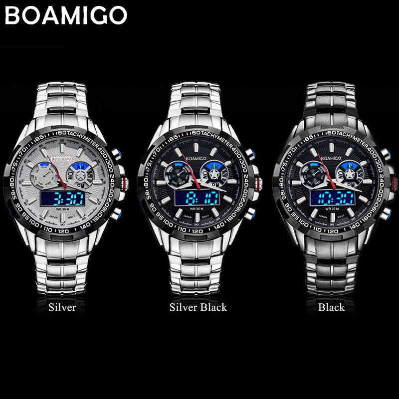 BOAMIGO New Luxury Brand Sports Men Watches Military Fashion Stainless Steel Digital Quartz Watch relogio masculino