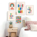 Yes Girl You Can Motivational Quote Canvas Painting Rainbow Prints Poster Kids Positive Pride Colorful Wall Art Office Decor