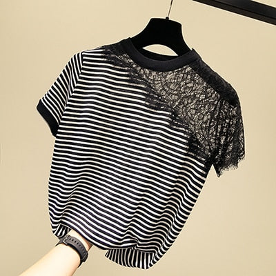 shintimes Lace Tshirt Women Hollow Out Black Striped Short Sleeve T Shirt Woman Clothes Knitted 2020 Summer Tops Tee Shirt Femme