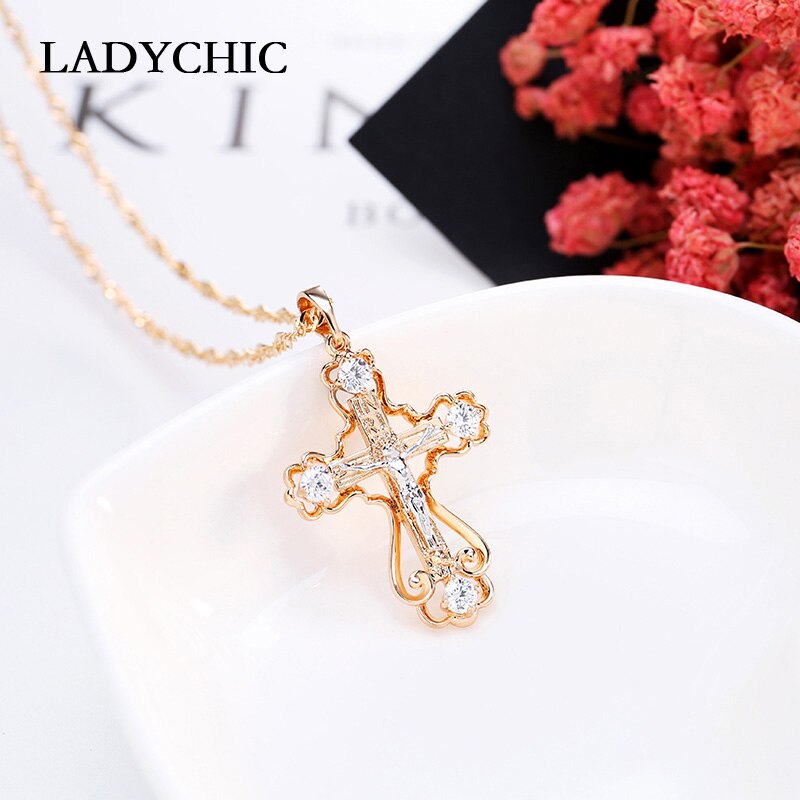 LADYCHIC Fashion Women AAA Zircon Cross Pendant Gold Color Copper Crystal Jesus Cross Pendants Necklace Hip Hop Jewelry LN1060