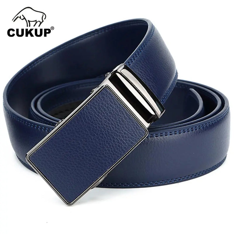 CUKUP Men's New Design Quality Blue Genuine Leather Dress Belt Ratchet Automatic Buckle Belts for Men 2022 New Designers NCK710