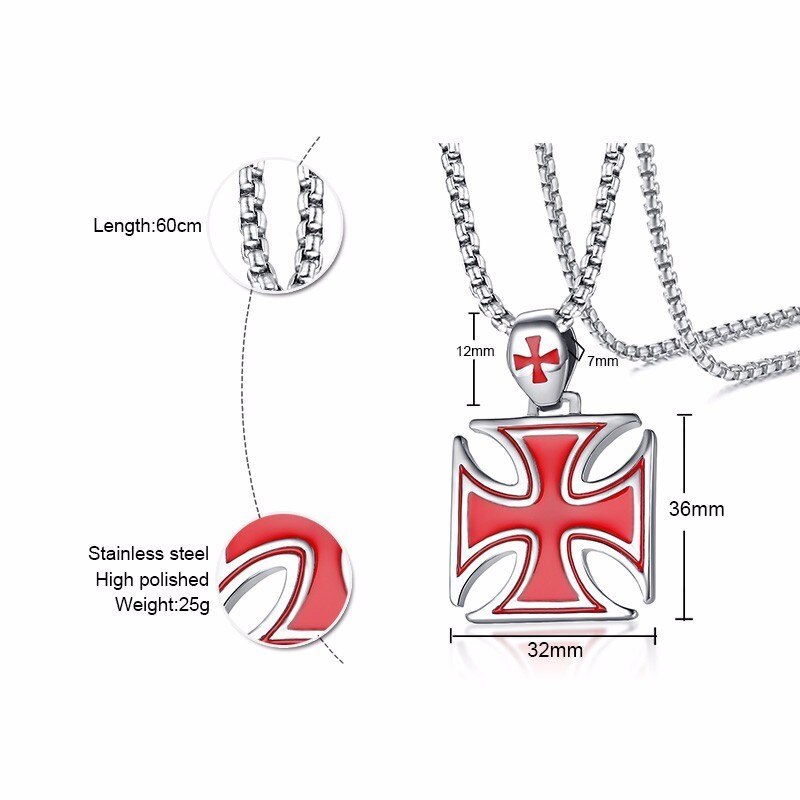 Men Necklace Red Iron Cross Knight Kinghts Templar Pendant Stainless Steel Crusader Male Jewelry