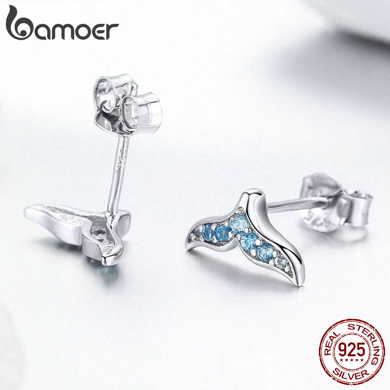 BAMOER Hot Sale 100% 925 Sterling Silver Blue Zircon Mermaid Fishtail Small Stud Earrings for Women Silver Jewelry BSE058