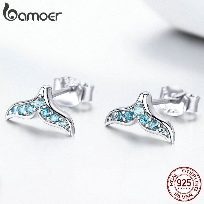 BAMOER Hot Sale 100% 925 Sterling Silver Blue Zircon Mermaid Fishtail Small Stud Earrings for Women Silver Jewelry BSE058