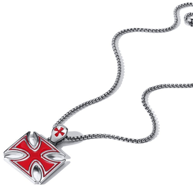 Men Necklace Red Iron Cross Knight Kinghts Templar Pendant Stainless Steel Crusader Male Jewelry