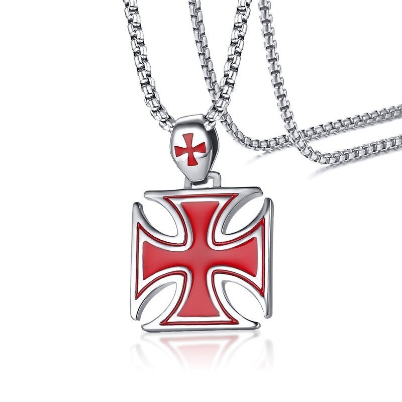 Men Necklace Red Iron Cross Knight Kinghts Templar Pendant Stainless Steel Crusader Male Jewelry