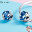 BAMOER Blaue Emaille Runde Perlen Silber 925 Weltraum Galaxie Astronaut Anhänger passend für europäische Modemarken Armbänder 3mm SCC1148