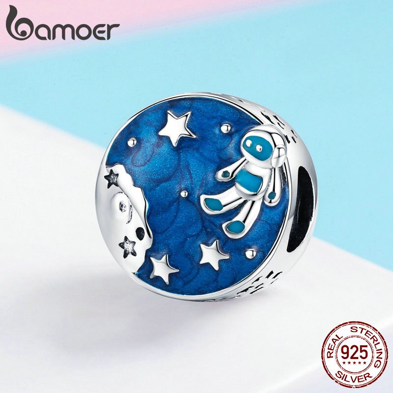 BAMOER Blue Enamel Round Beads Silver 925 Space Galaxy Astronaut Charm fit for European Fashion Brand Bracelet 3mm SCC1148