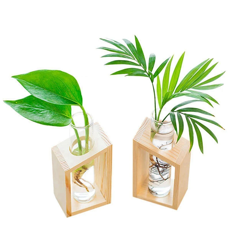 Hot Sale Crystal Glass Test Tube Vase in Wooden Stand Flower Pots for Hydroponic Plants Home Garden Decoration 1PCS