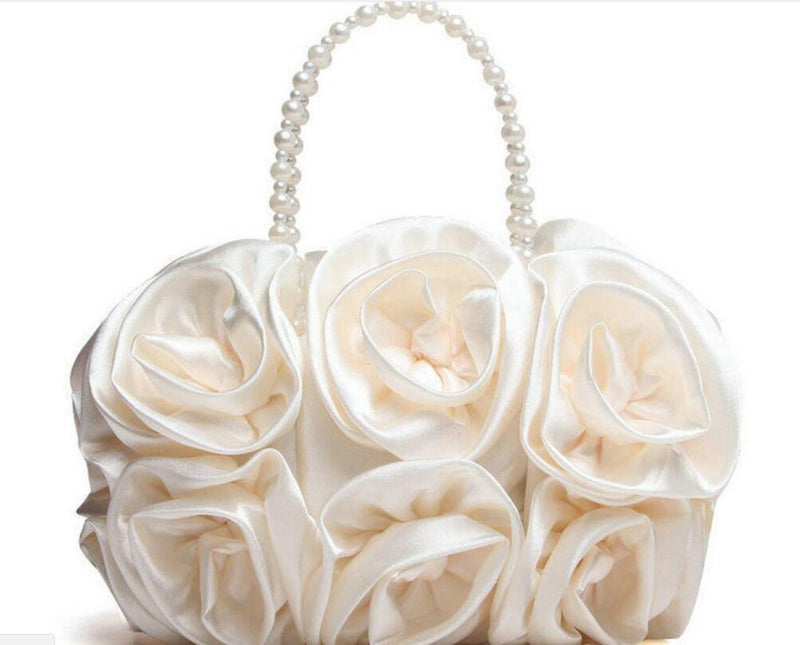 Boutique De FGG Red Flower Rose Bush Women Satin Evening Purse Beaded Handle Totes Bag Wedding Handbag Bridal Clutch